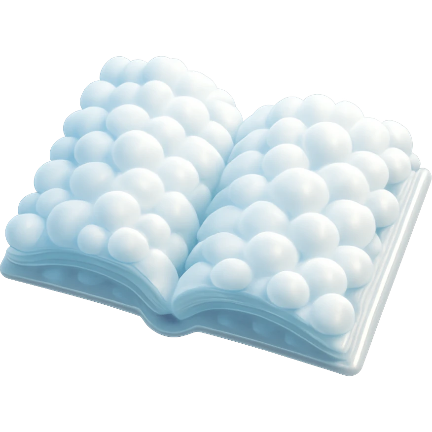 top view of a thick open book made entirely of small, very bright white fluffy convex clouds, matte glass style emoji