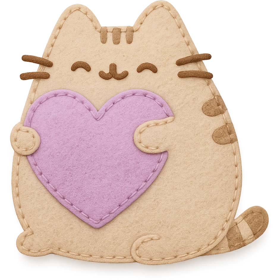 Pusheen hugging a big heart, pastel colors, adorable, felt patch style emoji