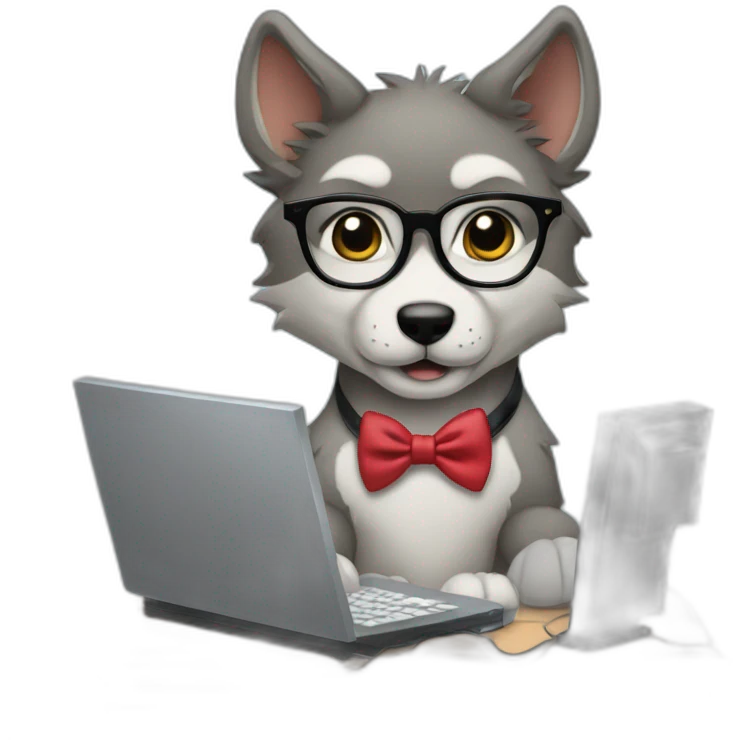 a wolf cub with glasses and a bow tie working on a computer. emoji