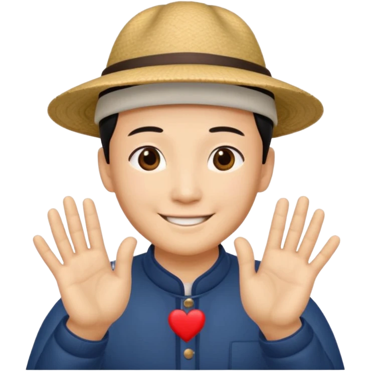 chinese man in asian hat doing heart hands emoji