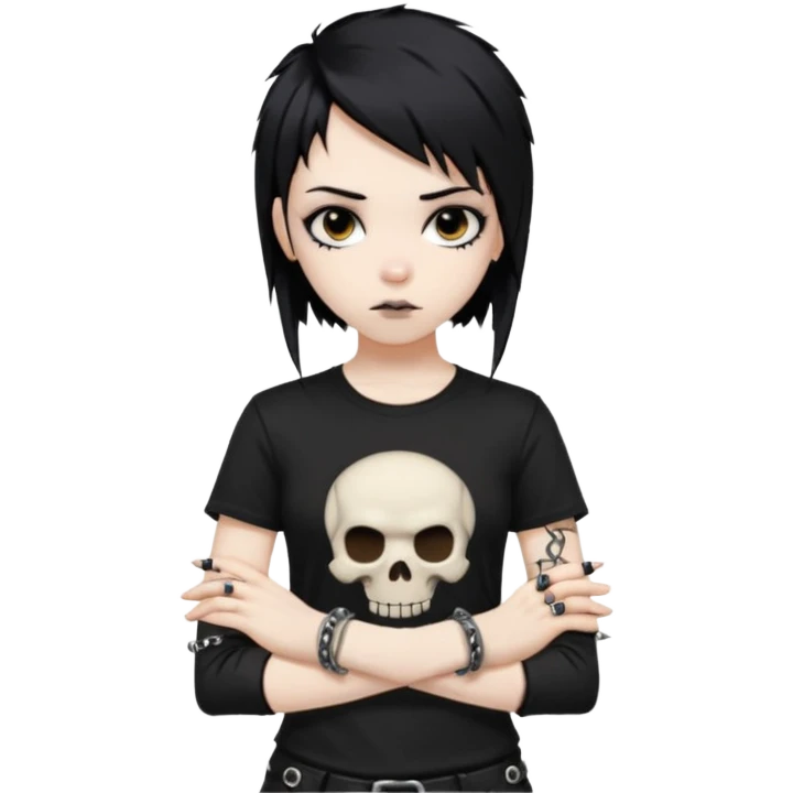vkei styled black hair, pale skin, brown eyes with eyeliner (emo looking) and black shirt with skull and punk bracelets emoji