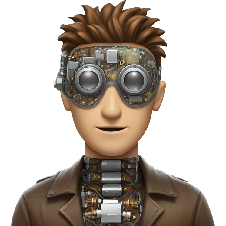 male cyborg head with brown shirt hair, brown beard, silver steampunk goggles and circuits emoji