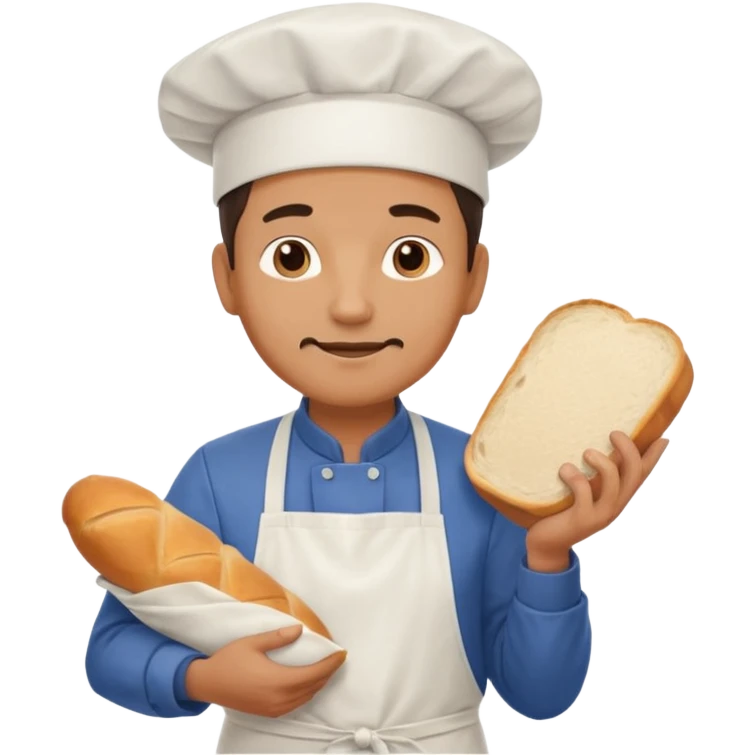 Middle aged male pastry chef - apron, white hat, holding a bag of bread emoji