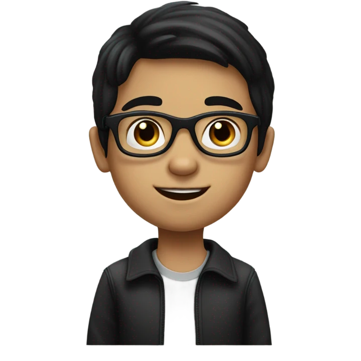 A white 7 year old boy with straight black hair and glasses and black eyes emoji