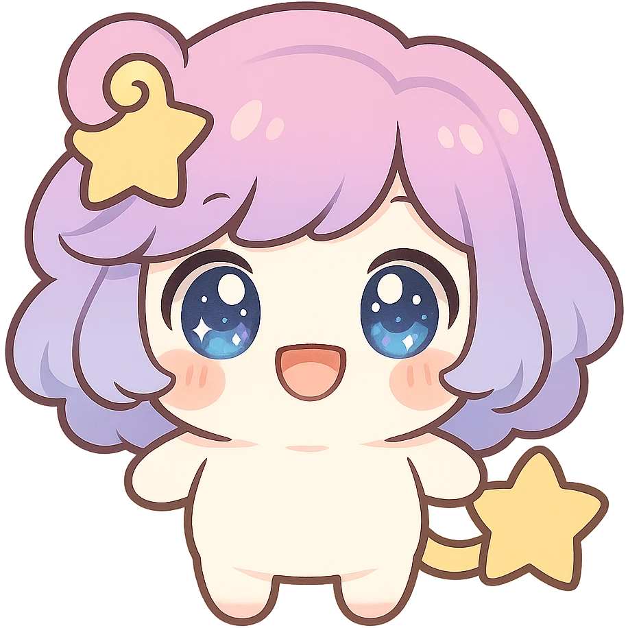 Stella Puff (星星噗噗) kawaii chibi style, front view, smiling happily, sparkling big glassy blue-violet eyes, puffy pastel pink-purple gradient hair with yellow star swirl, creamy white round body, coral pink blush, short arms and legs, soft golden star tail, clean lines, transparent background emoji