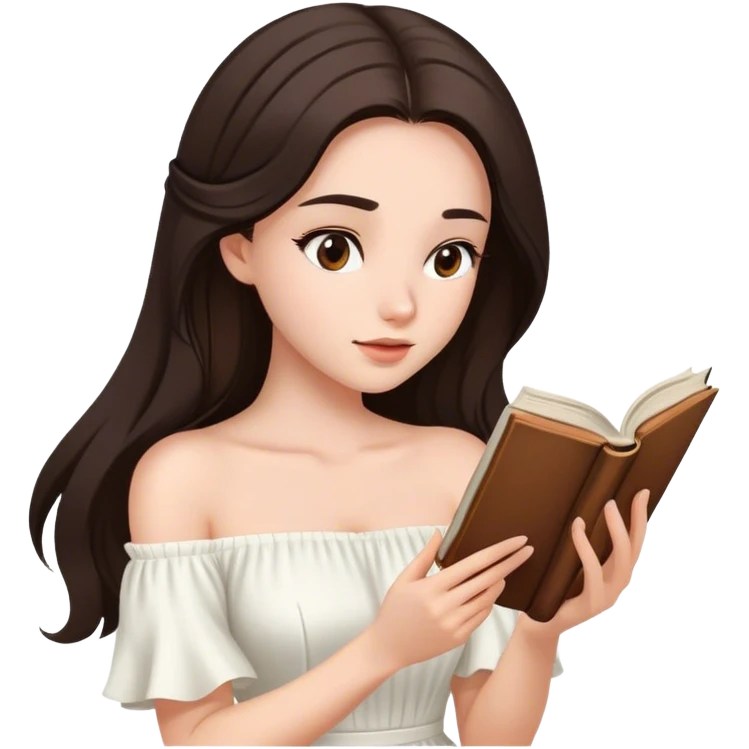 Beautiful woman in 1950’s woman fashion look, off-shoulder white dress, long dark brown hair, reading  emoji
