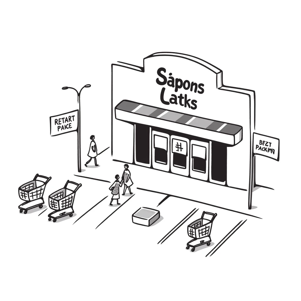 Isometric supermarket building with glass entrance, shopping cart return areas, and parking spaces emoji