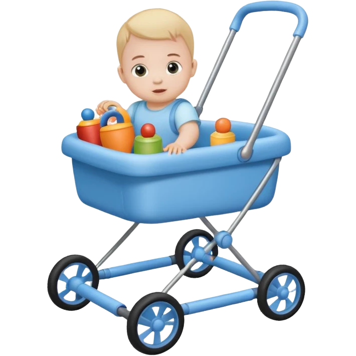 blue baby walker with toys on  it and baby is sittting emoji