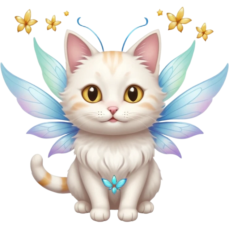 A cat with fairy wings, floating mid-air with a mischievous smirk, portrait, bust up emoji