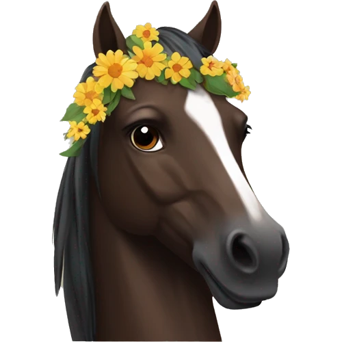 Complete dark Brown horse with flowers on his head  emoji
