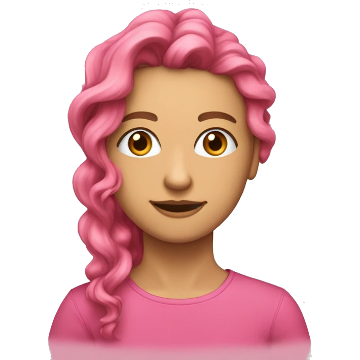 Cabelo rosa, ondulado, na altura dos ombros, olhos casanhos claros e pele parda emoji