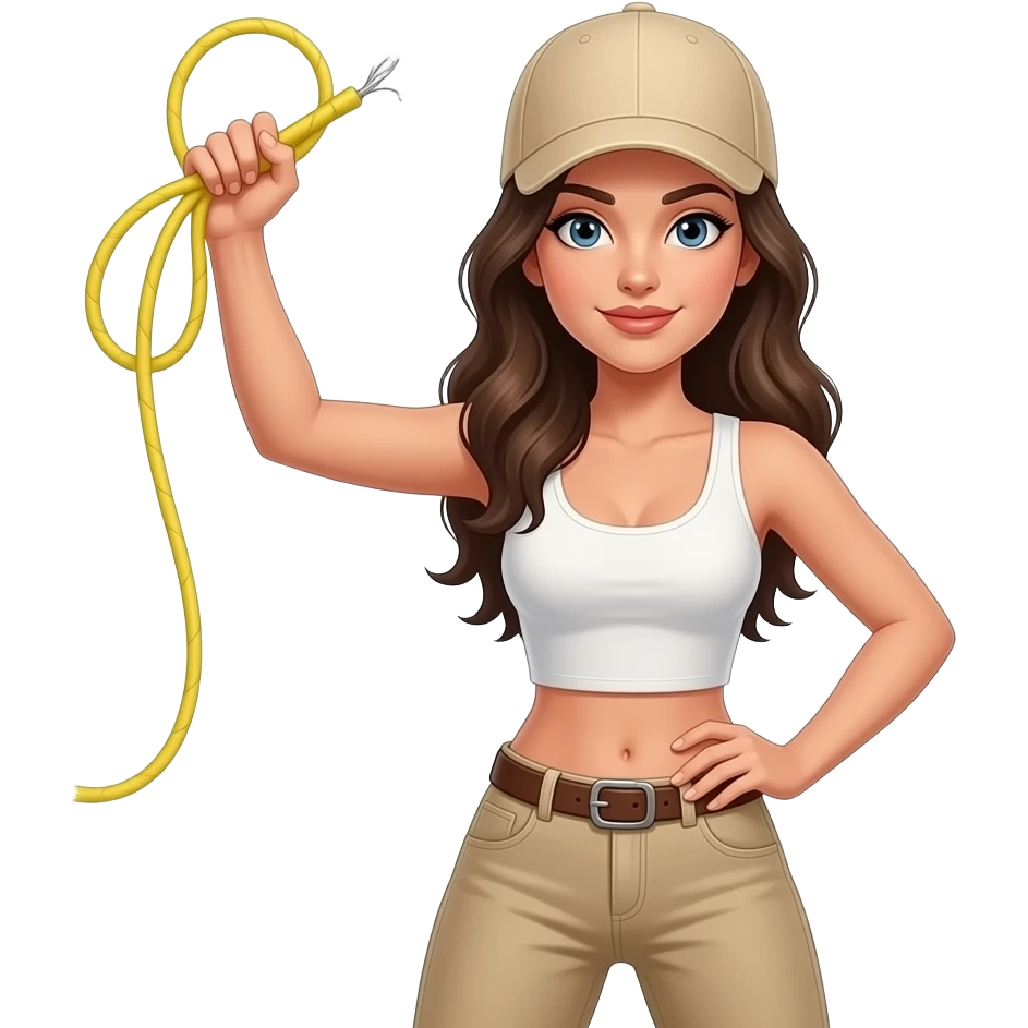 woman in beige riding jodhpurs, white crop top, and beige baseball cap, cracking a whip in the air with one hand, and her other hand on her hip, standing with her legs apart, animated emoji