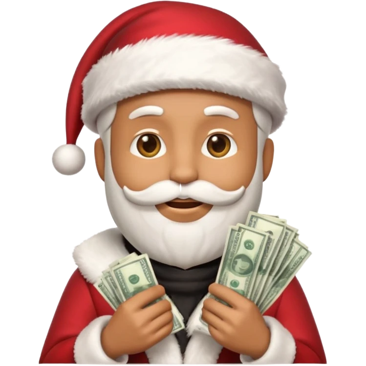 A confident rich emoji face wearing a Santa hat, money stacks, casino vibe, New Year theme, premium 3D emoji style, sharp details, no text, isolated on transparent background emoji