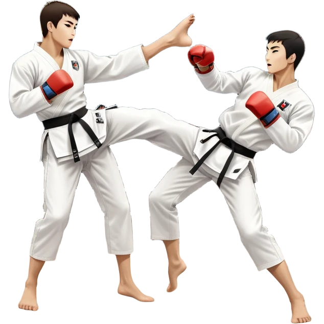 Two taekwondo fighters in traditional white doboks with black belts. One delivers a powerful kick, while the other defends by blocking with his knee. The background shows a professional arena with bright lights and an excited crowd. Transparent background highlights the intense action emoji