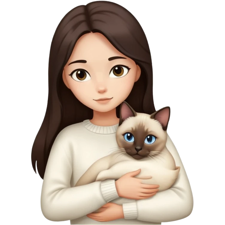 a girl with long dark brown hair, in a white sweater, hugs a Siamese cat emoji
