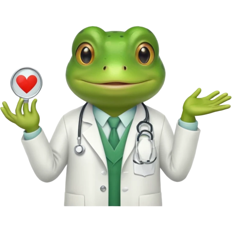 A frog in a doctor’s coat, happily examining a patient, portrait emoji