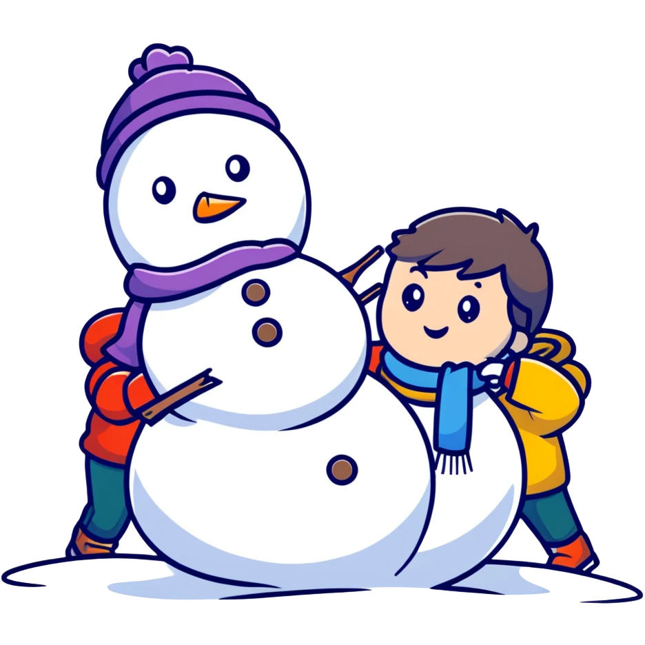 kids building a snowman, cartoonish and fun emoji