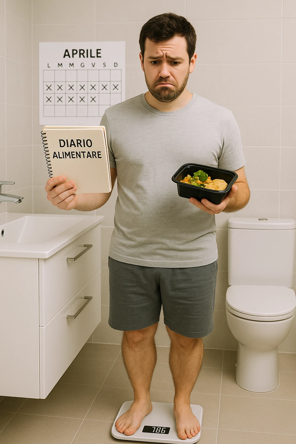Uomo sulla trentina in piedi su una bilancia in bagno, con espressione delusa e confusa. In mano tiene un diario alimentare e un contenitore per i pasti già preparati, segno che sta seguendo una dieta. Dietro di lui un calendario con settimane segnate, ma senza cambiamenti. Il suo corpo appare identico a prima, senza progressi visibili. La bilancia digitale mostra lo stesso numero. Ambientazione pulita e moderna, toni neutri. Atmosfera di frustrazione e demotivazione, luce soffusa. scrivi tutti i testi in italiano emoji