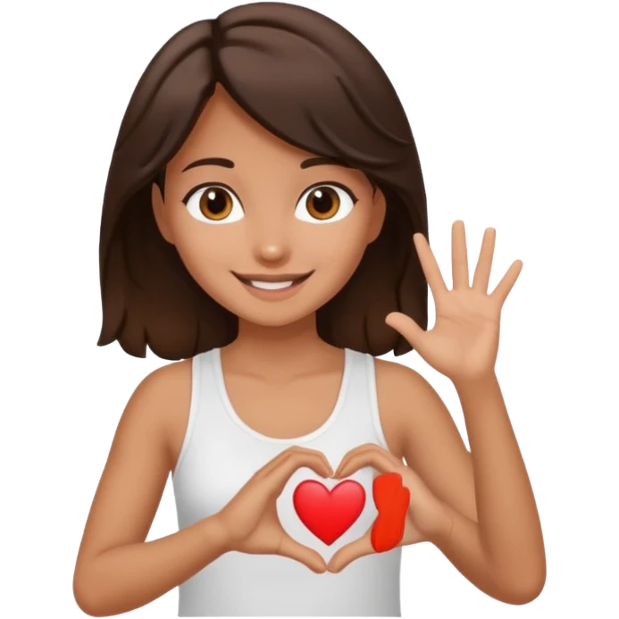 tan wavey dark brown haired brown eyed girl making a heart with her hands wearing a white tank top and smiling emoji