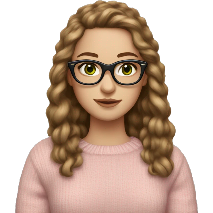 White girl long brown hair and green eyes wearing leopard glasses, soft pink wool jumper emoji