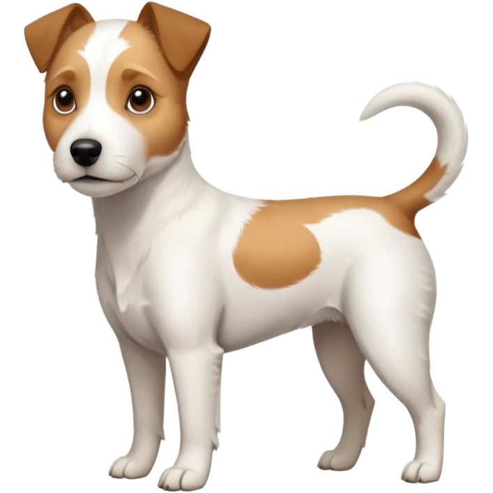 a full body slightly chubby white parson russell terrier looking dog the size of a kelpie with light brown long ears and a light brown patch on one eye and a large snout emoji