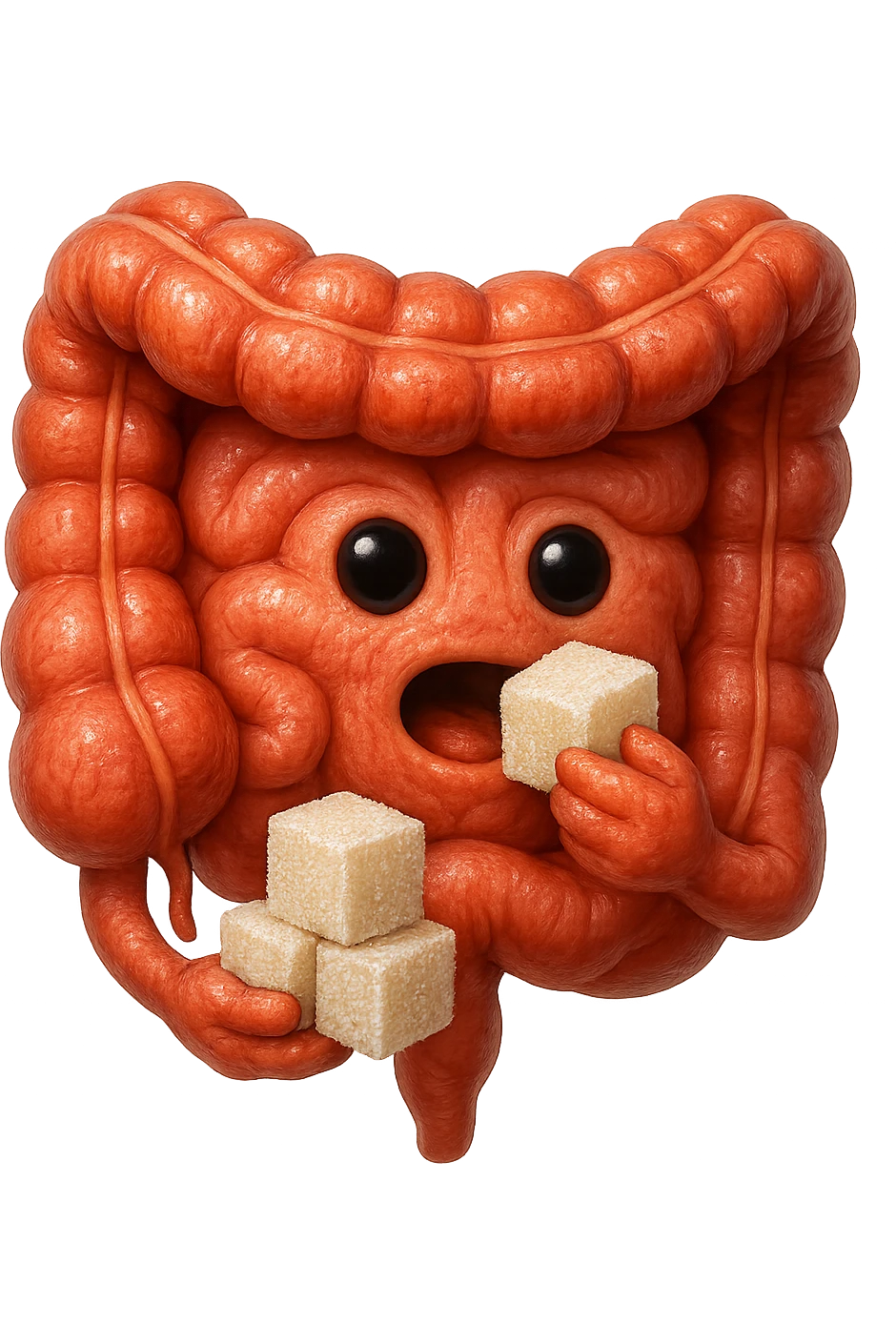 emoji stile iphone di un intestino anatomico che mangia zollette di zucchero, iperrealistico 4k, isolato su sfondo bianco emoji
