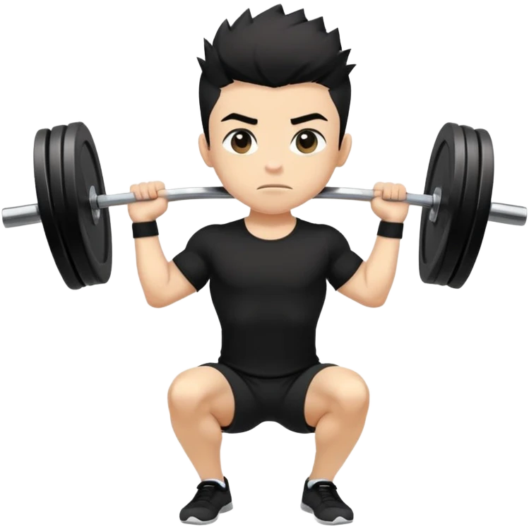 A boy with wheat color skin, black color front spike hair and wearing a black shirt is doing an overhead squat with a lot of weight on the barbell emoji