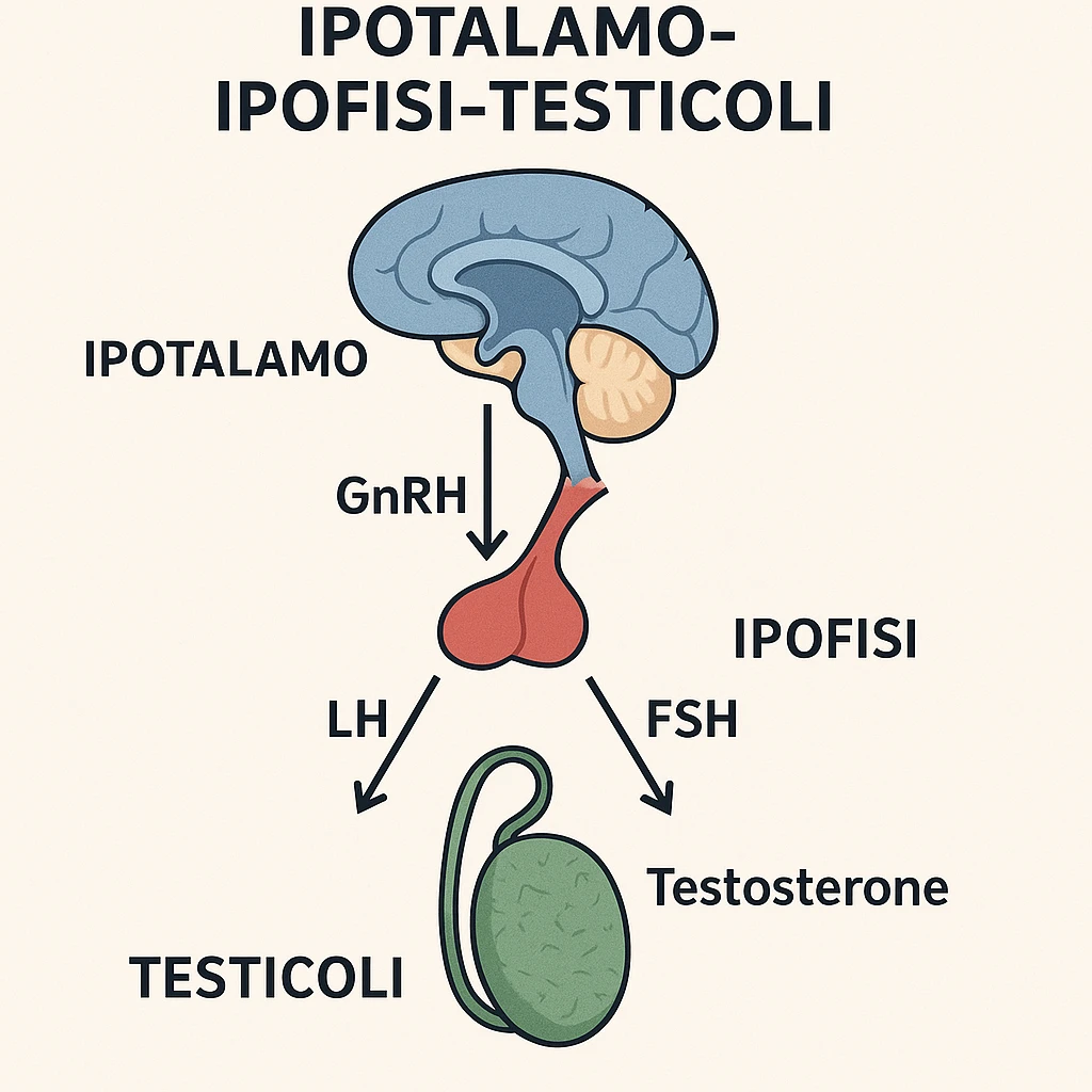 clear and realistic infographic of the HPT axis (hypothalamus-pituitary-testes): showing hypothalamus, pituitary gland, and testes connected by arrows, including hormone names (GnRH, LH, FSH, testosterone), simple diagram, distinct colors for each part, scritte in italiano emoji