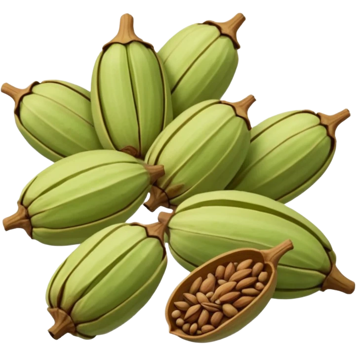 small scatter of whole cardamom pods, oval ridged shape, pale green to light brown hues, slightly wrinkled dry surface, visible seams and pointed ends, aromatic spice seeds inside, apple emoji style, soft lighting, subtle shadows, transparent background, emoji scale emoji