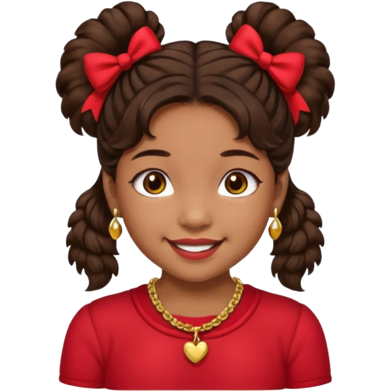 Brownskin girl dark brown hair fluffy. pigtails with red bows brown eyes smiling closed mouth red shirt gold esrrings gold necklace emoji