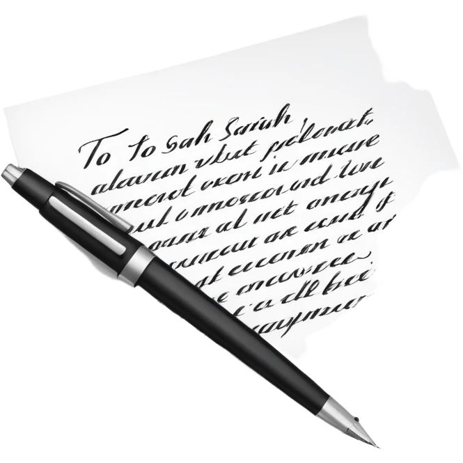 a paper letter with "TO SARAH" text written at the top of the letter, with a pen lying next to it emoji