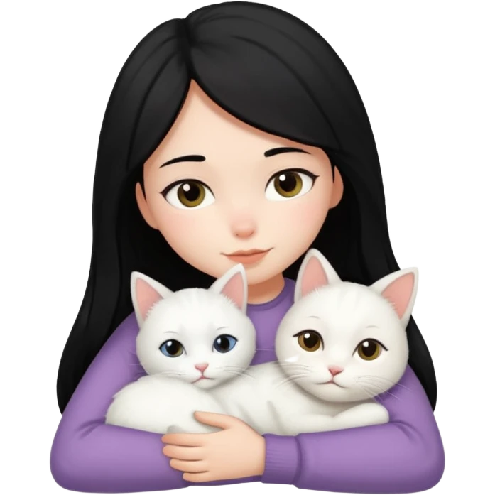 black-hair-girl snuggle with white cat emoji