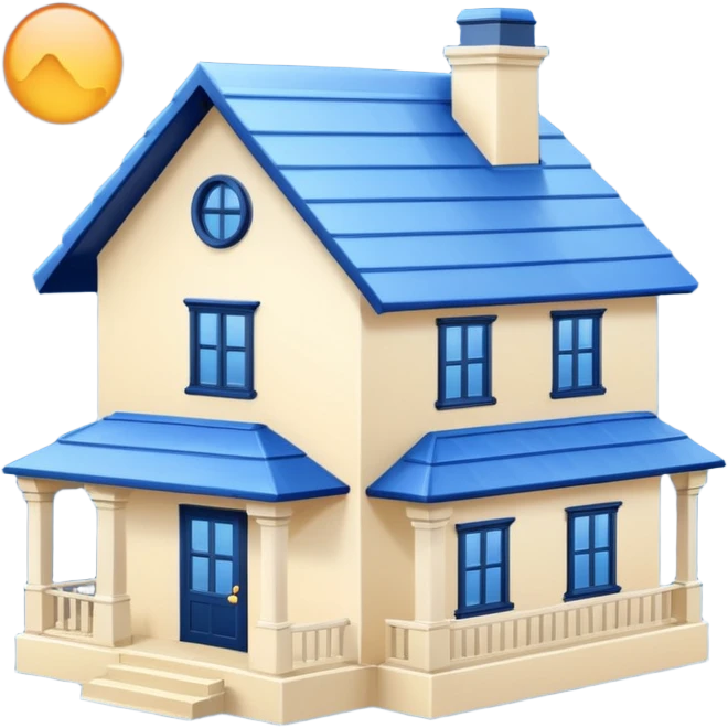 a creamy-colored house with dark blue trim and a blue roof emoji