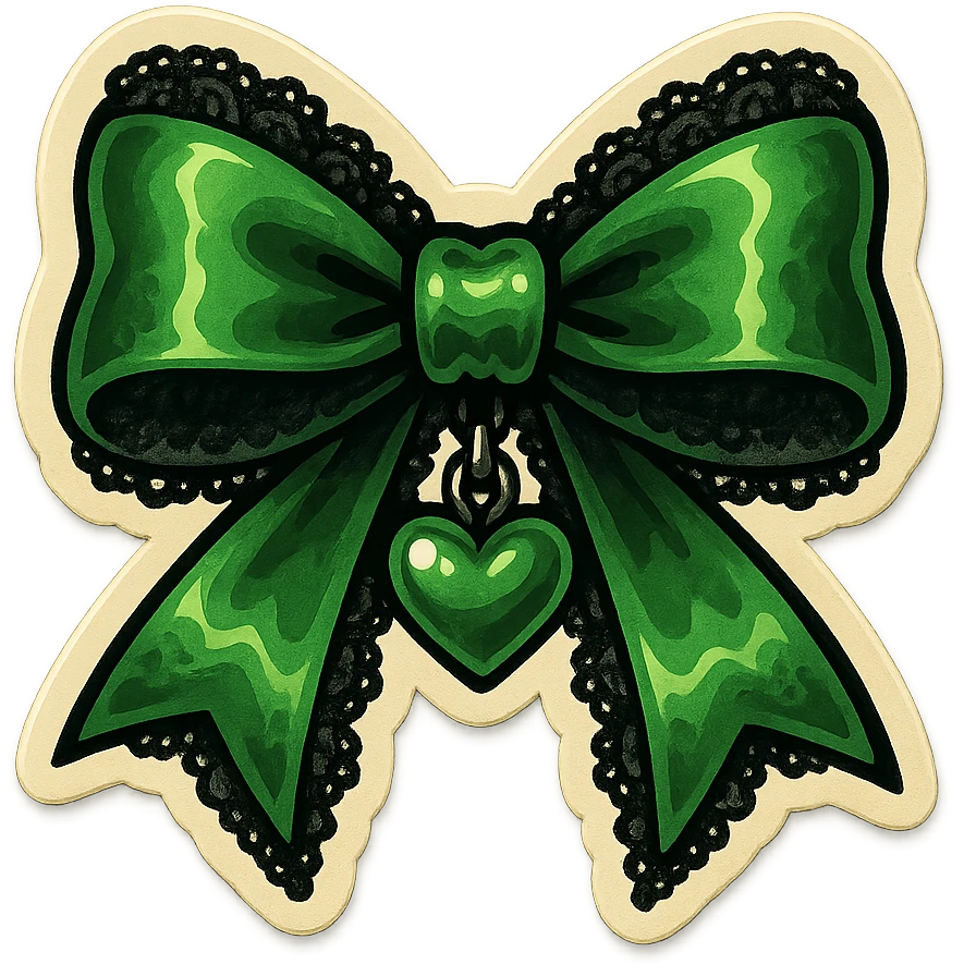green gothic bow with black lace trim and heart charm, remove background emoji