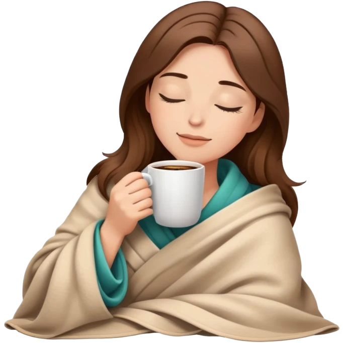 Relaxed woman with brown hair in blanket holding coffee cup with closed eyes emoji
