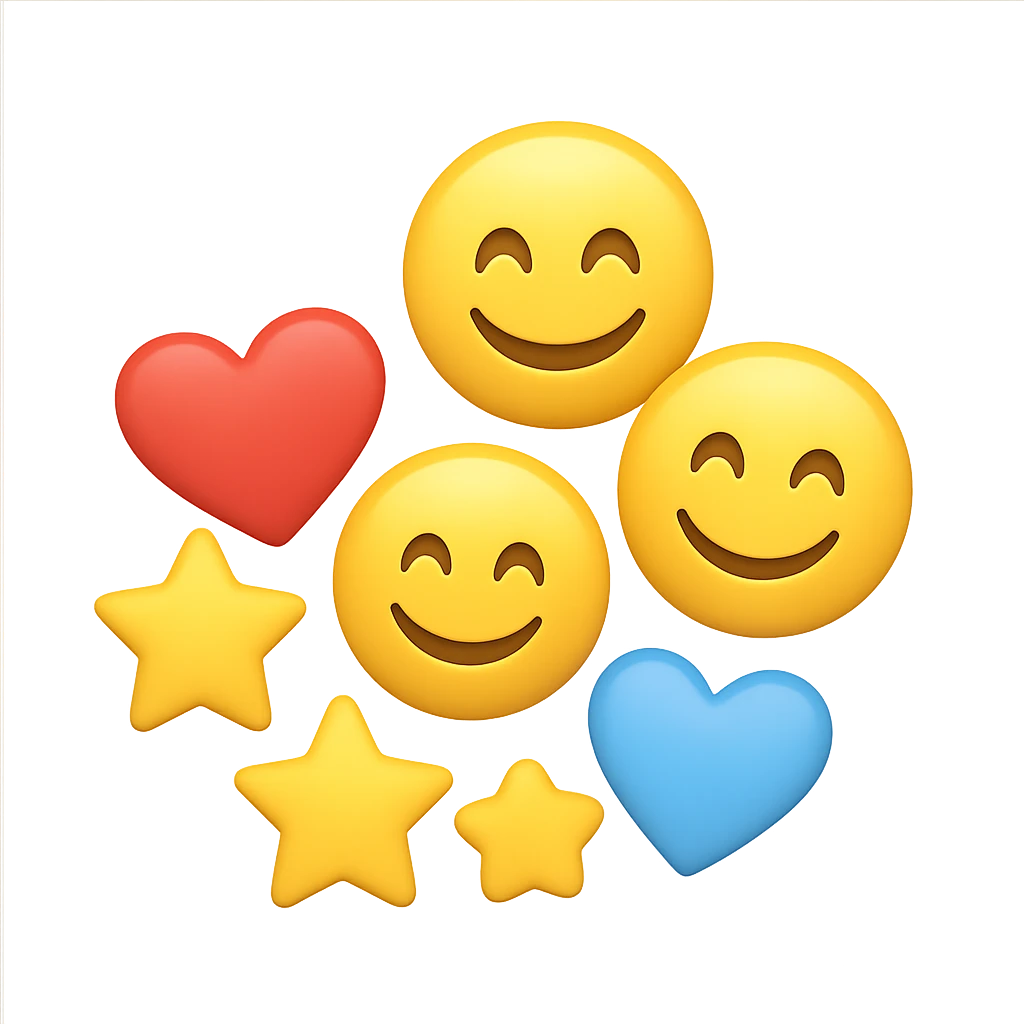 Create a small pile of fewer than 10 various 3D Apple style emojis inspired by the provided image. The emojis should not touch each other on the sides and should have spaces between them. They should not occupy the entire image area and must stay within the boundaries. The background should be removed, leaving only the emojis visible. emoji