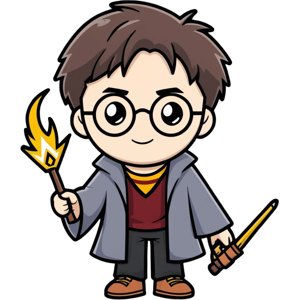 Harry Potter with round glasses, lightning scar, and wand emoji