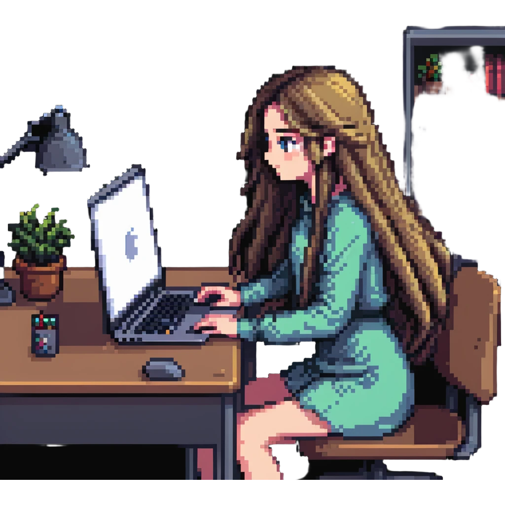 girl with long hair, only eyes visible above MacBook, working at a desk, pixel art style emoji