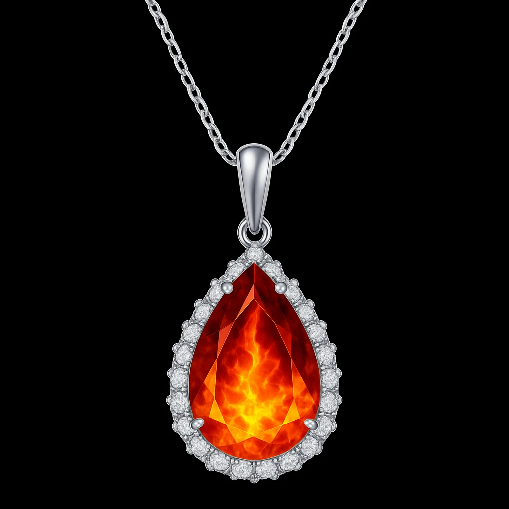 Add a yellow fiery light to the teardrop ruby pendant, representing transformation and rebirth emoji
