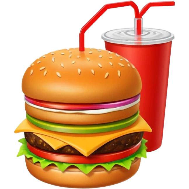 A clean and simple icon of fast food in emoji-style illustration. A burger with fries and a soda cup, bright and bold colors, simple shapes, flat design, high contrast, inviting and appetizing. emoji