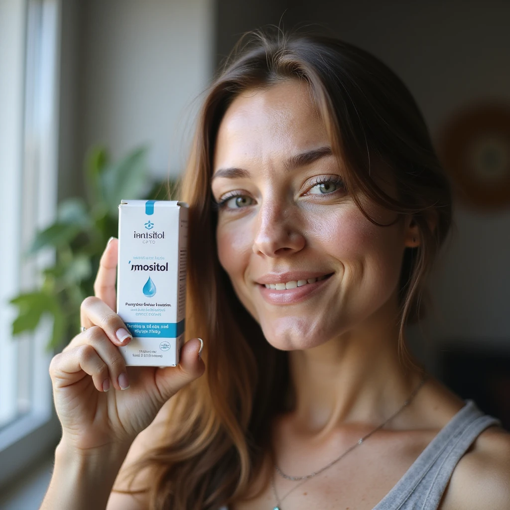 hyperrealistic photo of a woman with PCOS holding a box of inositol, face with acne and facial hair, thin hair, smiling expression, home environment, natural light emoji