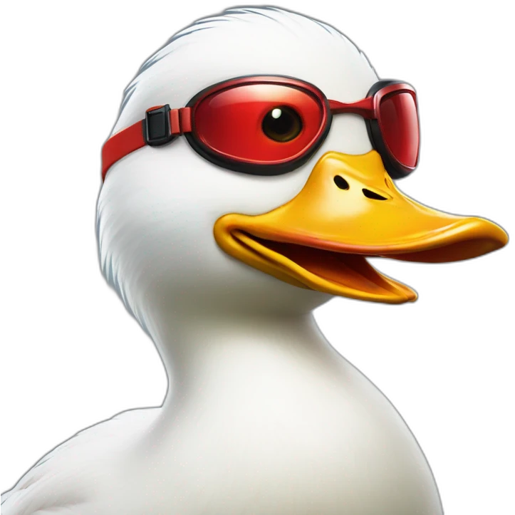White Angry duck with a pair of red goggles on its head. head and shoulders emoji