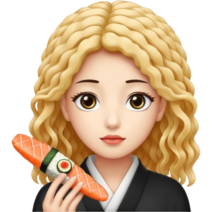 un coreano di 18 anni con sushi con il pizzetto capelli ricci e lunghi sciolti  neri con un IQOS in mano  emoji