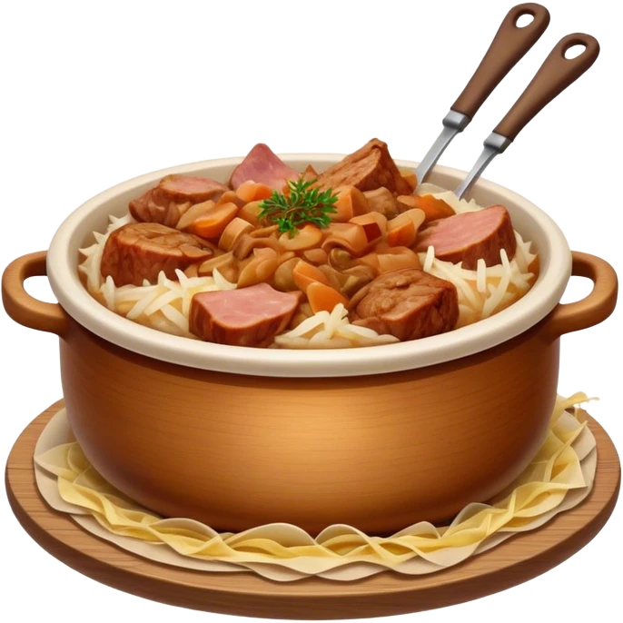 Cinematic Realistic Bigos Dish Emoji, showcasing a hearty stew of sauerkraut and meats rendered with rich textures and dynamic, rustic lighting. emoji
