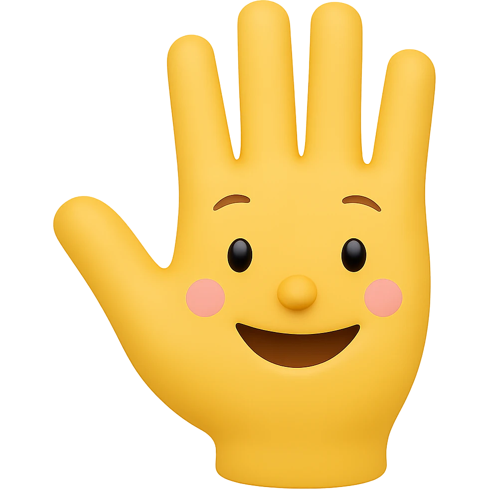 Make the eyes and fingers smaller, keep the hand waving and smiling, preserve transparent background. The style is a cartoonish character with a transparent background. emoji