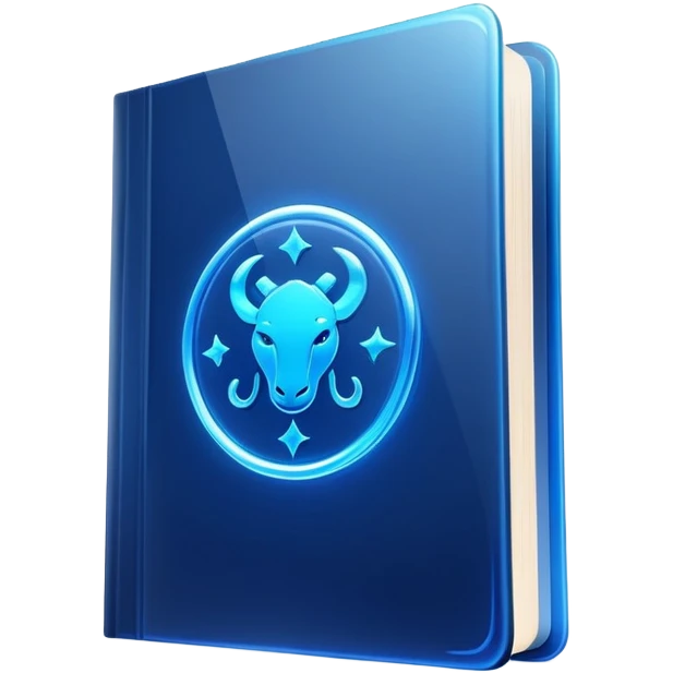 dark neon blue glass book, zodiac on the cover emoji
