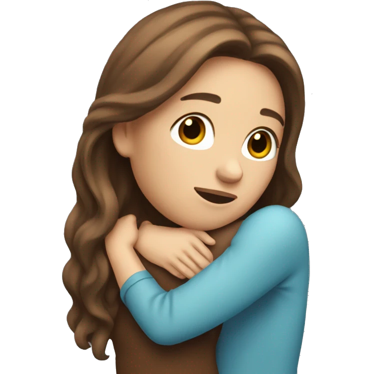 Woman with fair skin and long brown hair giving hug emoji