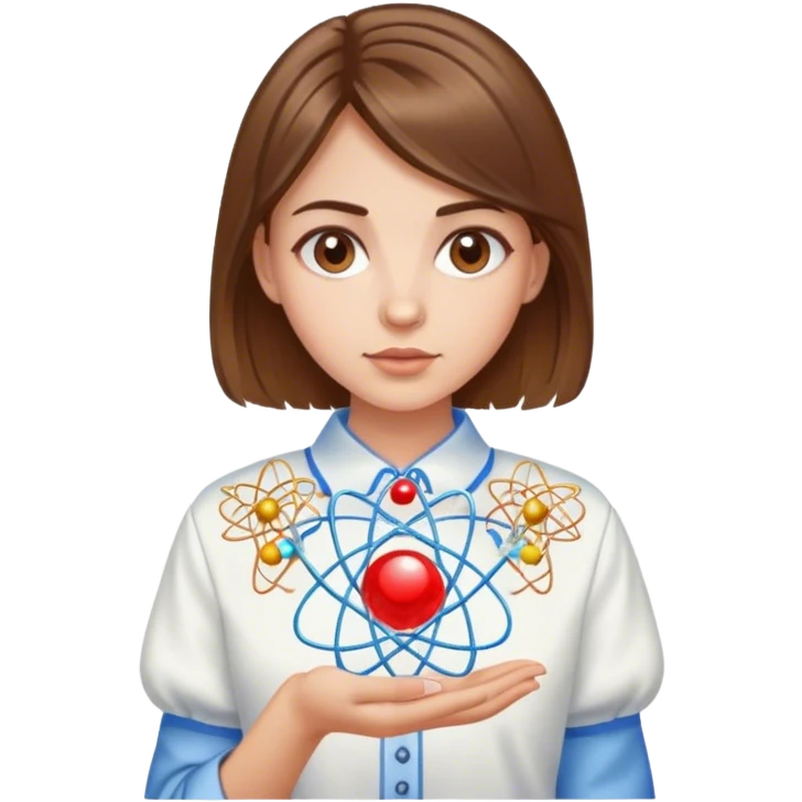 a Ukrainian girl with brown hair in an embroidered shirt and an atom emoji