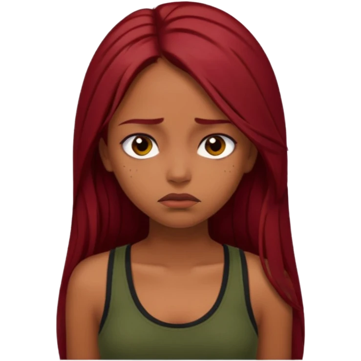 a brown girl with straight long dark red hair, black tank top, . Looking sad emoji