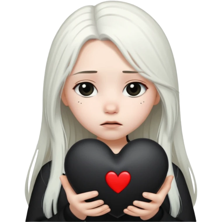 A girl with long white hair is sad and holds a black heart in her hands emoji